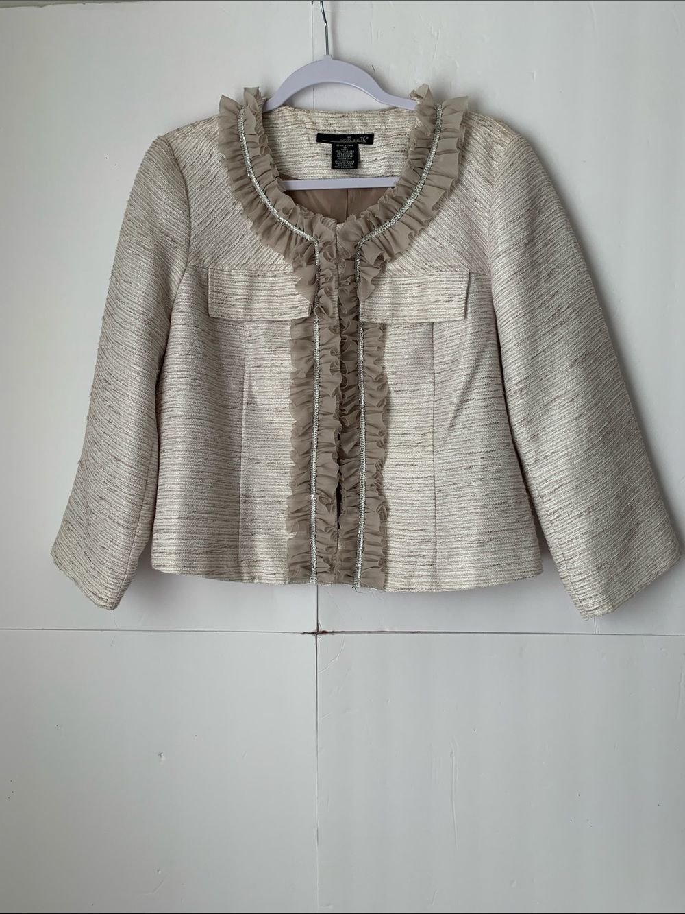 Willi Smith Cream Textured Ruffle-Trim Jacket Size 14